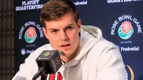 18 Will Howard, QB of the Ohio State Buckeyes during Media Day in preparation for the 2025 CFP Quarterfinal game against the Oregon Ducks on Monday December 30, 2024 at the Rose Bowl in Pasadena, California.