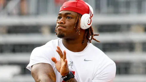 Alabama vs Wisconsin SEP 14 September 14, 2024: Alabama Crimson Tide quarterback Jalen Milroe (4) warming up before the NCAA Football game between the Alabama Crimson Tide and the Wisconsin Badgers at Camp Randall Stadium in Madison, WI.
