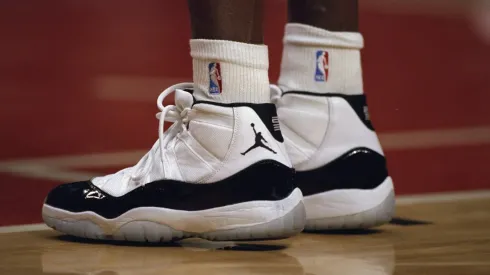 A close-up shot of Air Jordans as they appear on the court during the game between the New York Knicks and the Chicago Bulls at the United Center.
