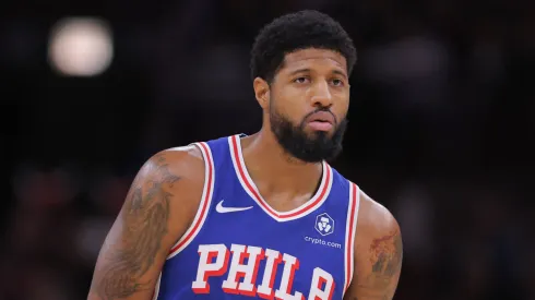 Paul George 8 of the Philadelphia 76ers looks on during the second half against the Chicago Bulls.
