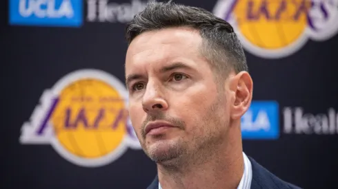 JJ Redick, Los Angeles Lakers’ new coach seen during a news conference.
