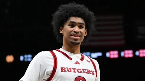 Dylan Harper #2 of the Rutgers Scarlet Knights looks on against the Notre Dame Fighting Irish 
