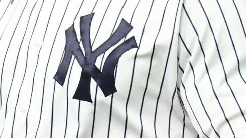 A jersey close-up of Aaron Judge #99 of the New York Yankees reacting after striking out swinging in the fifth inning against the Washington Nationals at Yankee Stadium on August 22, 2023, in the Bronx borough of New York City.
