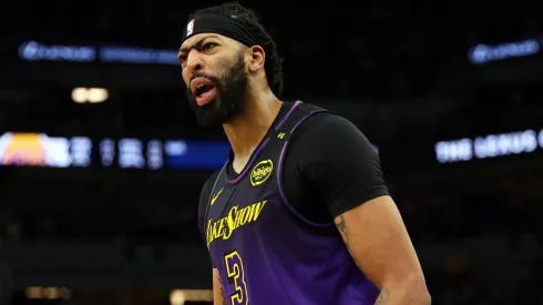 Anthony Davis #3 of the Los Angeles Lakers reacts against the Minnesota Timberwolves in the third quarter at Target Center.
