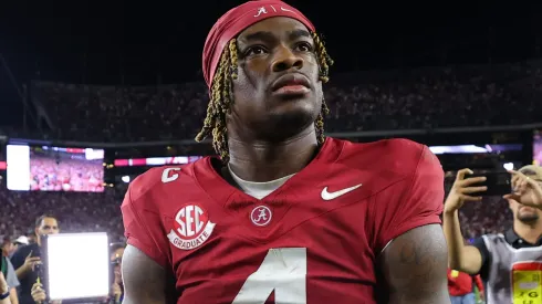 Jalen Milroe #4 of the Alabama Crimson Tide celebrates after his team defeated the Georgia Bulldogs at Bryant-Denny Stadium on September 28, 2024 in Tuscaloosa, Alabama.
