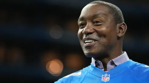 NBA Hall of Famer Isiah Thomas looks on before the game between the Carolina Panthers and the Detroit Lions at Ford Field on October 08, 2023.
