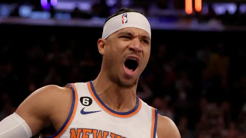 Josh Hart #3 of the New York Knicks reacts during the second half against the Brooklyn Nets
