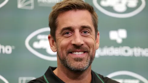 New York Jets quarterback Aaron Rodgers attends an introductory press conference at Atlantic Health Jets Training Center on April 26, 2023.
