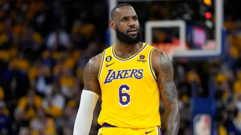 LeBron James #6 of the Los Angeles Lakers reacts after scoring during the second quarter against the Golden State Warriors in game five of the Western Conference Semifinal Playoffs at Chase Center on May 10, 2023.
