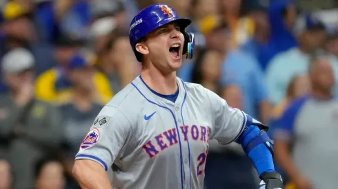 Pete Alonso #20 of the New York Mets celebrates after hitting a home run in the ninth inning against the Milwaukee Brewers during Game Three of the Wild Card Series at American Family Field on October 03, 2024 in Milwaukee, Wisconsin.
