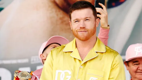 Undisputed super middleweight champion Saul “Canelo” Alvarez of Mexico smiles toward the crowd at the ceremonial weigh-in at Toshiba Plaza on September 29, 2023 in Las Vegas, Nevada. Alvarez will defend his titles against Jermell Charlo at T-Mobile Arena on September 30 in Las Vegas.
