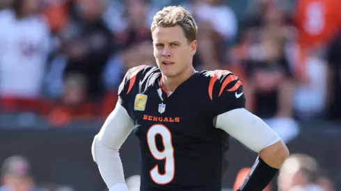 Joe Burrow #9 of the Cincinnati Bengals looks on prior to a game against the Las Vegas Raiders at Paycor Stadium on November 03, 2024 in Cincinnati, Ohio. 
