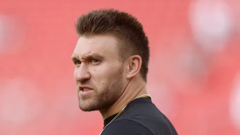 Kyle Juszczyk #44 of the San Francisco 49ers warms up prior to a game against the Dallas Cowboys at Levi's Stadium on October 27, 2024 in Santa Clara, California.
