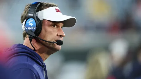 Head coach Lane Kiffin of the Mississippi Rebels looks on during the first half of a game against the Duke Blue Devils at EverBank Stadium on January 02, 2025 in Jacksonville, Florida.
