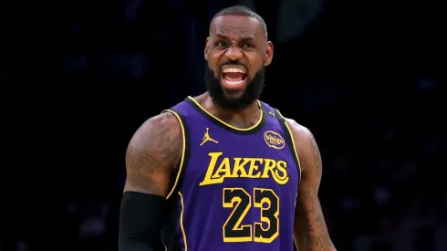 LeBron James #23 of the Los Angeles Lakers reacts as he directs a play during a 119-102 win over the Atlanta Hawks at Crypto.com Arena on January 03, 2025 in Los Angeles, California.
