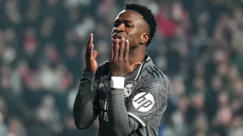 Vinicius Junior of Real Madrid reacts to a missed chance during the LaLiga EA Sports match between Rayo Vallecano and Real Madrid.
