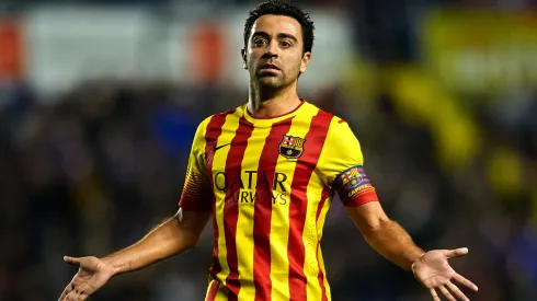 Xavi Hernandez of Barcelona reacts during the la Liga match between Levante UD and FC Barcelona.
