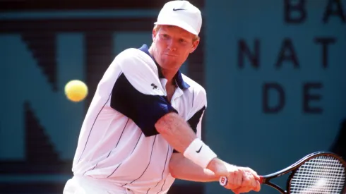Jim Courier of the USA keeps his eyes on the ball during a Roland Garros game against Sergi Bruguera of Spain.