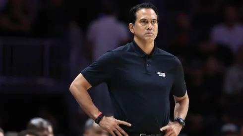 Miami Heat coach Erik Spoelstra looks on against the Orlando Magic during the second half at Kaseya Center on October 23, 2024 in Miami, Florida. 
