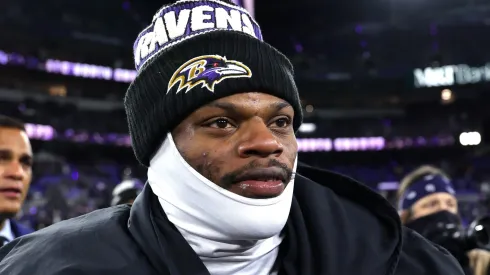 Lamar Jackson #8 of the Baltimore Ravens looks on after the Ravens defeated the Cleveland Browns 35-10 at M&T Bank Stadium on January 04, 2025 in Baltimore, Maryland. 
