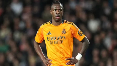 Vinicius Junior of Real Madrid reacts during the LaLiga match between Valencia CF and Real Madrid CF.