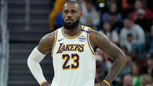 LeBron James #23 of the Los Angeles Lakers looks on against the Golden State Warriors during the first half at Chase Center.
