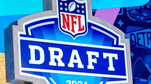 A detail of the NFL logo for the 2024 NFL draft during round four of the 2024 NFL draft at Campus Martius Park and Hart Plaza on April 27, 2024 in Detroit, Michigan.
