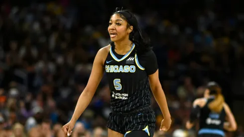 Angel Reese of Chicago Sky reacts during a WNBA match 
