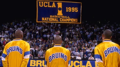 The banner ceremony celebrating UCLA's championship record takes place at the Pauley Pavilion in Los Angeles, California before the game against the Cal State on 29 Nov 1995.
