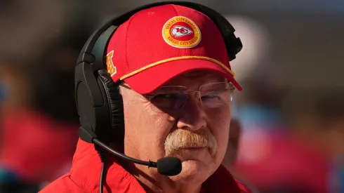 Head coach Andy Reid of the Kansas City Chiefs looks on prior to a game against the Carolina Panthers at Bank of America Stadium on November 24, 2024 in Charlotte, North Carolina.
