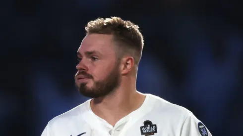 Gavin Lux #9 of the Los Angeles Dodgers reacts after grounding out in the seventh inning against the New York Yankees during Game One of the 2024 World Series at Dodger Stadium on October 25, 2024 in Los Angeles, California. (Photo by Harry How/Getty Images)
