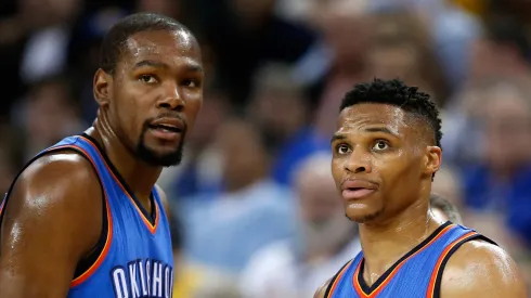 Kevin Durant #35 and Russell Westbrook #0 of the Oklahoma City Thunder