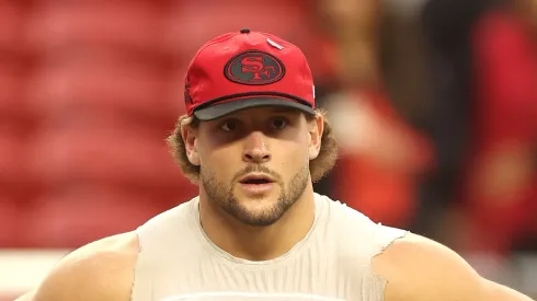 Nick Bosa #97 of the San Francisco 49ers warms up prior to the game against the Los Angeles Rams at Levi's Stadium on December 12, 2024 in Santa Clara, California.
