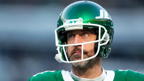 Aaron Rodgers #8 of the New York Jets looks on before the game against the Miami Dolphins at MetLife Stadium on January 05, 2025 in East Rutherford, New Jersey.
