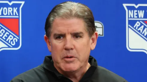 Head coach Peter Laviolette of the New York Rangers speaks with the media prior to the game against the Montreal Canadiens at Madison Square Garden on November 30, 2024 in New York City.
