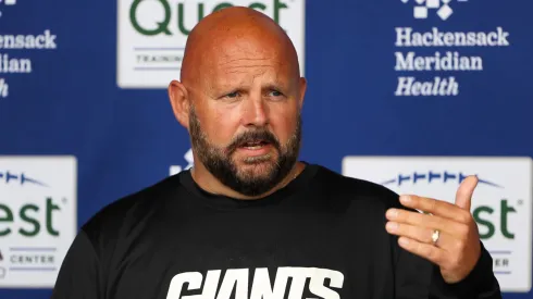 Head Coach Brian Daboll of the New York Giants speaks to the media during New York Giants OTA Offseason Workouts at NY Giants Quest Diagnostics Training Center on June 06, 2024 in East Rutherford, New Jersey.
