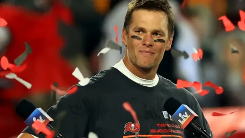 Tom Brady #12 of the Tampa Bay Buccaneers signals after winning Super Bowl LV at Raymond James Stadium on February 07, 2021 in Tampa, Florida.
