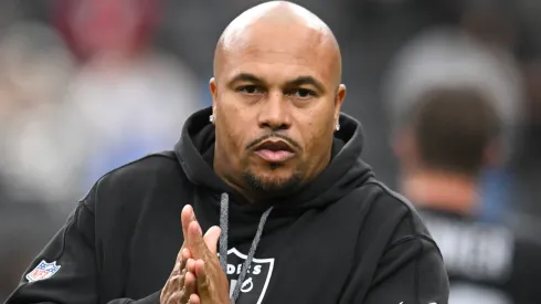 Head coach Antonio Pierce of the Las Vegas Raiders walks onto the field during player warm ups before their game against the Los Angeles Chargers at Allegiant Stadium on January 05, 2025 in Las Vegas, Nevada. The Chargers defeated the Raiders 34-20.
