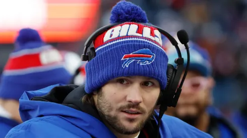 Josh Allen #17 of the Buffalo Bills looks on from the sidelines during the fourth quarter against the New England Patriots at Gillette Stadium on January 05, 2025 in Foxborough, Massachusetts.