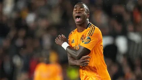 Vinicius Junior of Real Madrid reacts during the LaLiga match between Valencia CF and Real Madrid CF at Estadio Mestalla on January 03, 2025 in Valencia, Spain.
