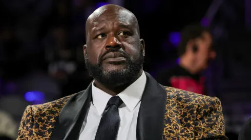 Shaquille O'Neal attends a semifinal game of the Emirates NBA Cup at T-Mobile Arena between the Atlanta Hawks and the Milwaukee Bucks.
