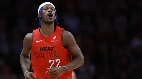 Jimmy Butler #22 of the Miami Heat looks on against the Phoenix Suns during the second half at Kaseya Center on December 07, 2024 in Miami, Florida.
