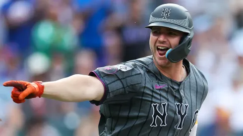 Pete Alonso #20 of the New York Mets reacts after an an two-RBI single against the Houston Astros during the second inning at Citi Field on June 29, 2024 in the Queens borough of New York City.
