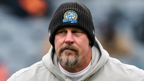 Head coach Dan Campbell of the Detroit Lions looks on before the game against the Chicago Bears at Soldier Field on December 22, 2024 in Chicago, Illinois.
