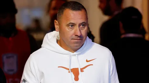 Head coach Steve Sarkisian of the Texas Longhorns walks onto the field prior to the Chick-fil-A Peach Bowl against the Arizona State Sun Devils at Mercedes-Benz Stadium on January 01, 2025 in Atlanta, Georgia.
