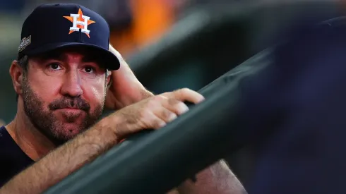 Justin Verlander #35 of the Houston Astros looks on prior to Game Two of the Wild Card Series against the Detroit Tigers at Minute Maid Park on October 02, 2024 in Houston, Texas. 
