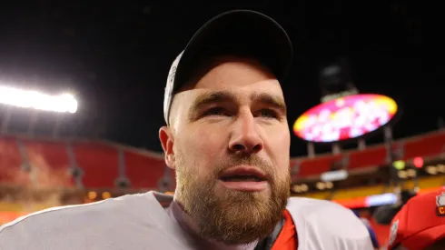 Travis Kelce #87 of the Kansas City Chiefs celebrates after defeating the Cincinnati Bengals 23-20 in the AFC Championship Game at GEHA Field at Arrowhead Stadium on January 29, 2023 in Kansas City, Missouri.
