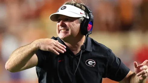 Head coach Kirby Smart of the Georgia Bulldogs reacts during the third quarter against the Texas Longhorns at Darrell K Royal-Texas Memorial Stadium on October 19, 2024 in Austin, Texas.
