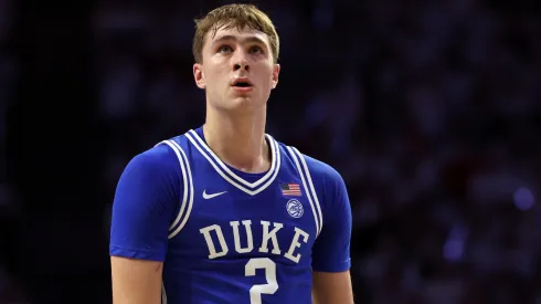 Cooper Flagg #2 of the Duke Blue Devils looks on during the first half against the Arizona Wildcats at McKale Center on November 22, 2024 in Tucson, Arizona. 
