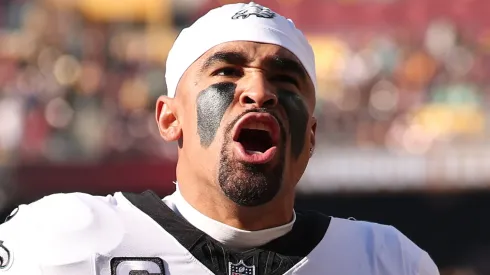 Jalen Hurts #1 of the Philadelphia Eagles reacts prior to the game against the Washington Commanders at Northwest Stadium on December 22, 2024 in Landover, Maryland.
